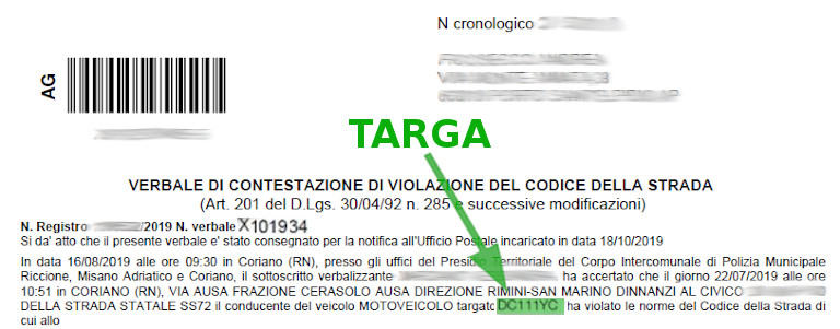 Immagine che descrive come recuperare la targa